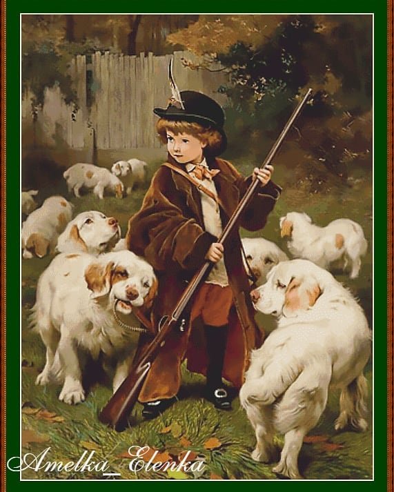 Маленький охотник и собаки - картина, охотник, собаки, малыш - оригинал