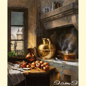 Старинная кухня - кухня, картина, лук, стол. утварь - оригинал