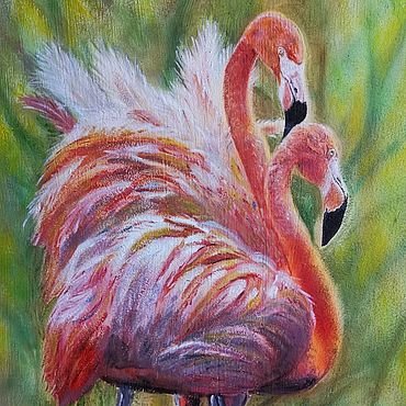 Фламинго - птицы, пара, картина, фламинго - оригинал