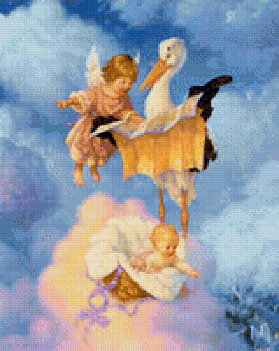 Малыш и аист - аист, малыш, образ, небо, картина - предпросмотр