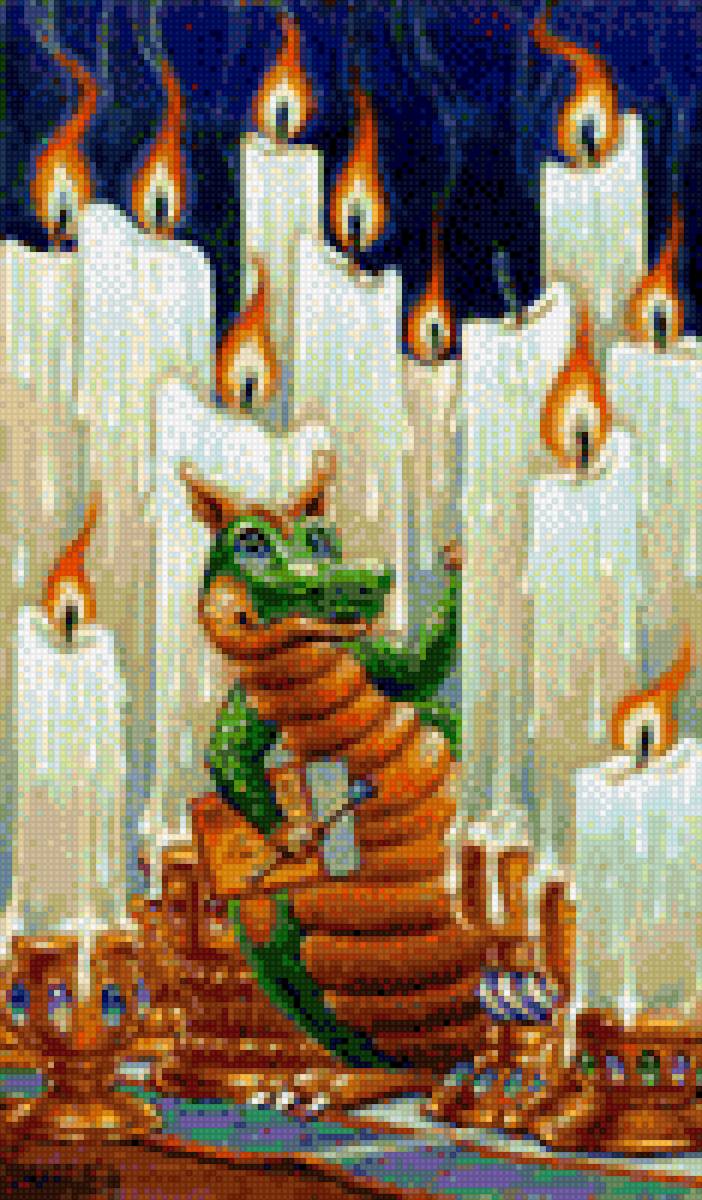 Дракоша и свечи - зеленый, фантастика, дракон, картина, свечи - предпросмотр