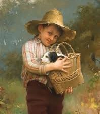 Мальчик со щенком в корзине