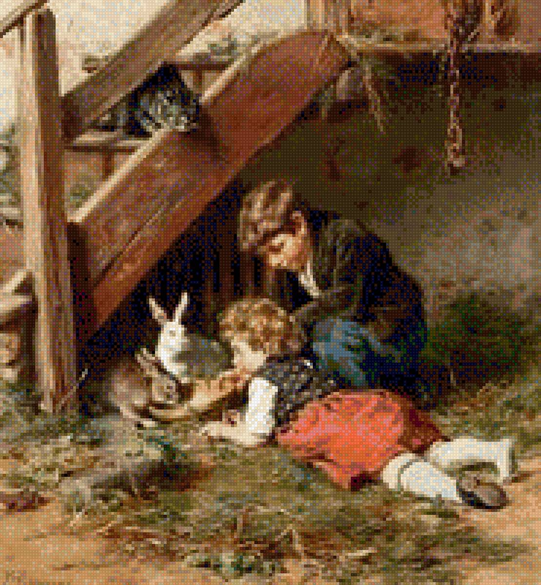 Дети и кролики - играют, дети, дом, картина, кролики - предпросмотр
