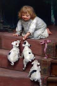 Девочка со щенками на лестнице - картина, девочка, лестница, щенки - оригинал