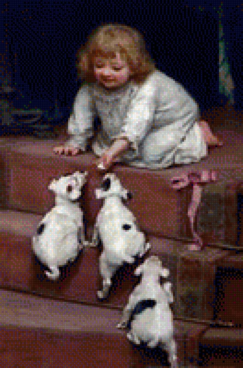 Девочка со щенками на лестнице - щенки, картина, лестница, девочка - предпросмотр