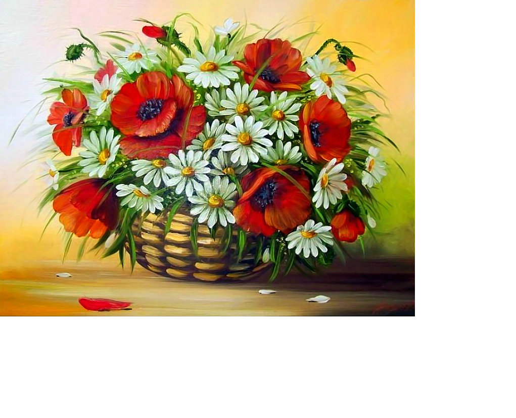 цветочная корзина - букет, маки, цветы, полевые цветы., ромашки - оригинал