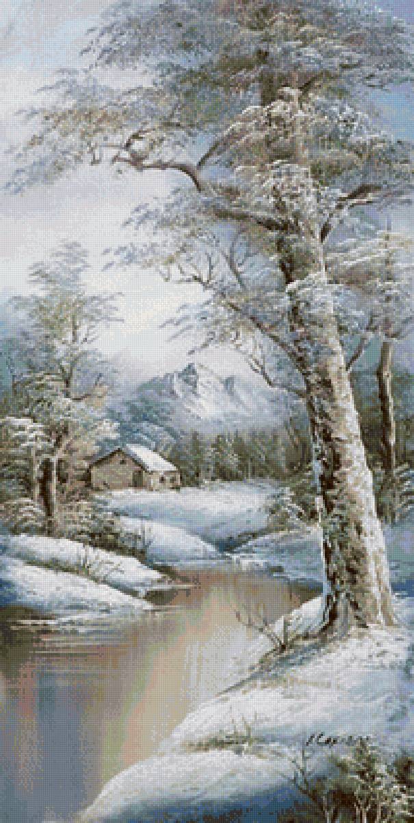 домик в лесу - вода, природа, зима, домик, река, лес, горы - предпросмотр