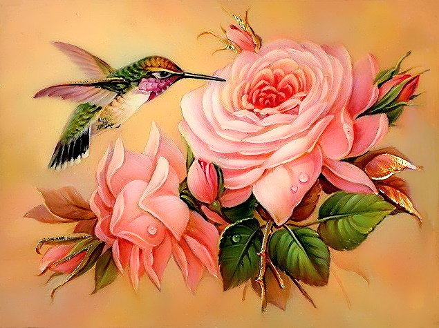 птички-невелички - птички, птичка, птицы, розовые розы, розы, колибри, розовые цветы - оригинал