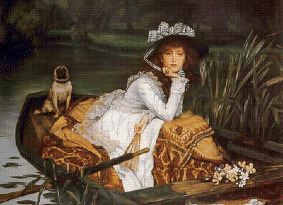 Young Lady & Her Pet Pug in a Boat. - james tissot painter.scenarys.ladies.animals. - предпросмотр