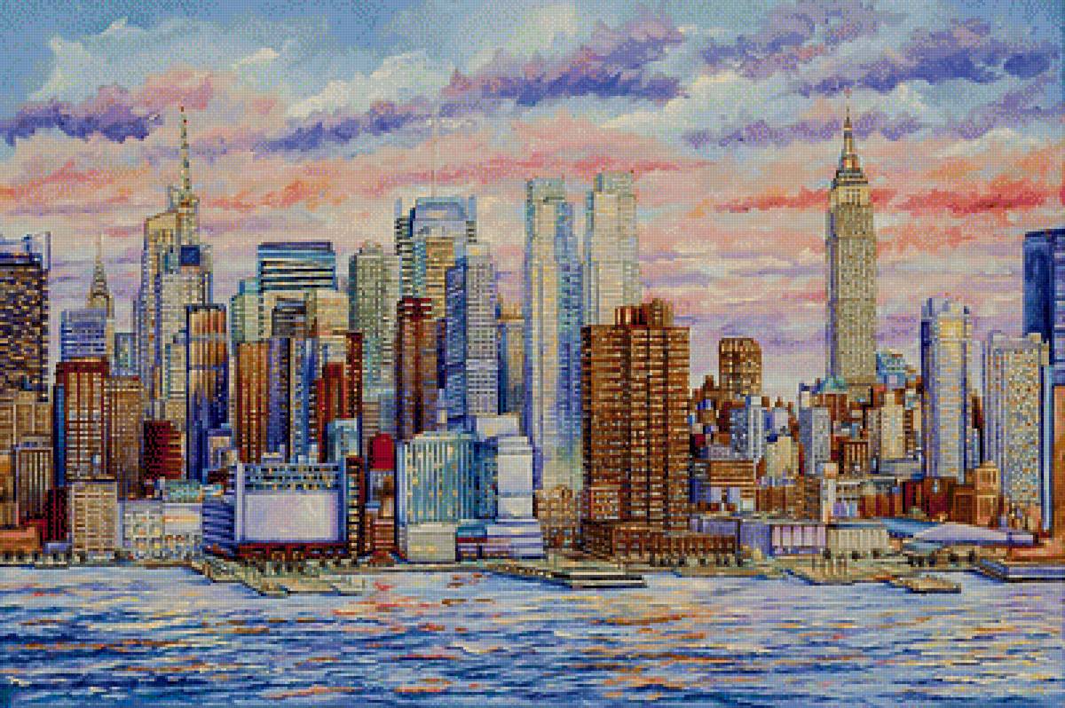New York City - Manhattan Skyline Hudson River. - mike rabe painter.landscapes.cityscapes. - предпросмотр