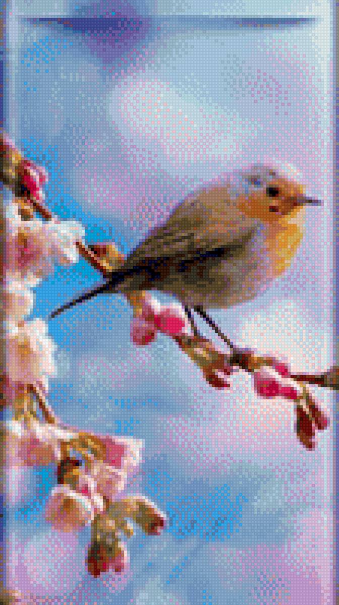 Птичка на ветке - цветы, картина, ветка, птицы - предпросмотр