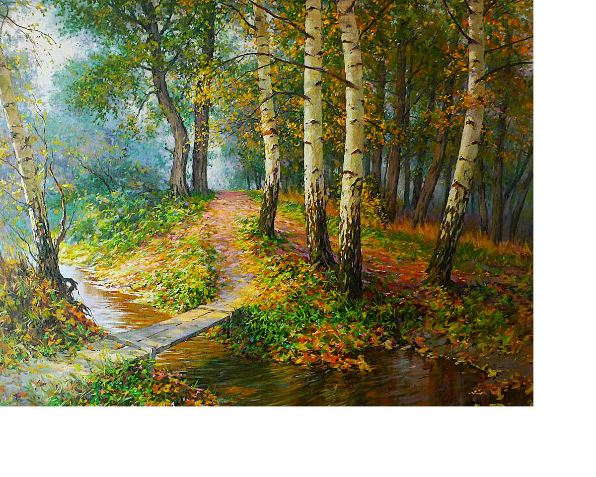 Пейзаж - ручей, лес, березы, осень - оригинал