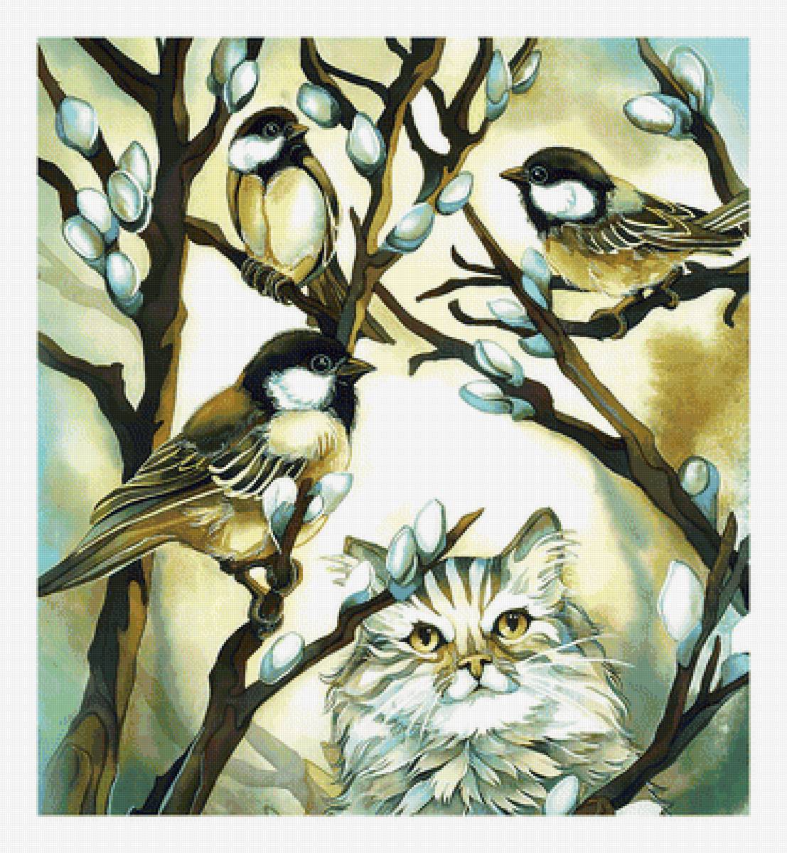 Котик и птицы. - верба, кот, живопись, птицы - предпросмотр
