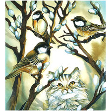 Оригинал схемы вышивки «Котик и птицы.» (№2056719)
