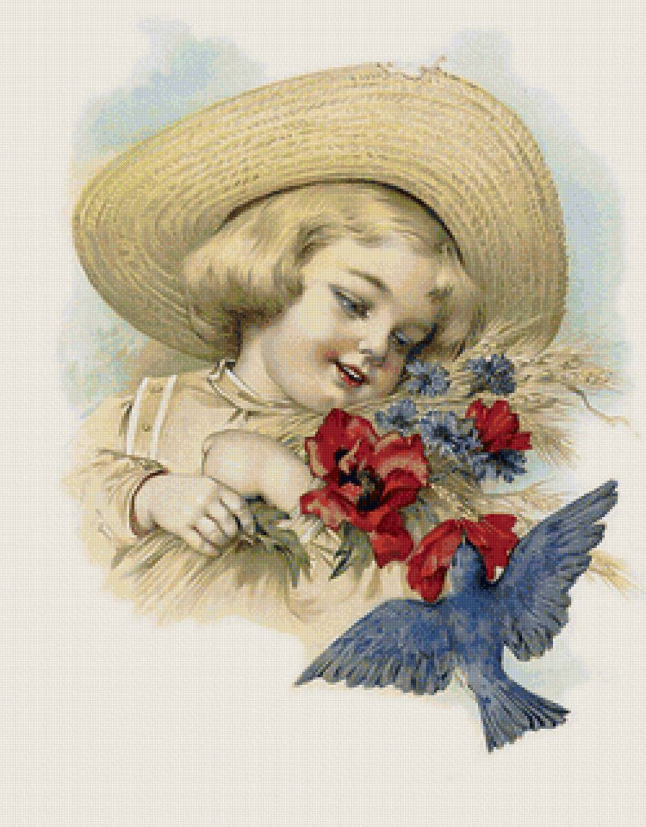 Девочка в соломенной шляпе - ласточка, портрет, цветы, девочка, шляпа, винтаж - предпросмотр