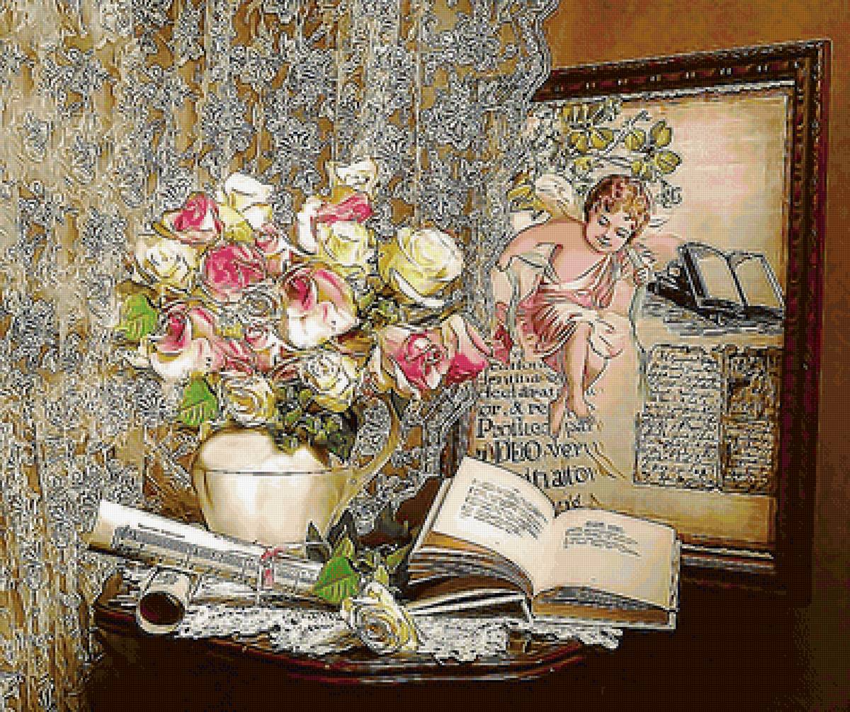 №2057466 - штора, картина, розы, букет, книги - предпросмотр