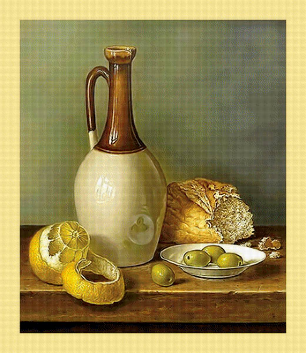 Серия "Натюрморты". - лимон, оливки, натюрморт, хлеб - предпросмотр