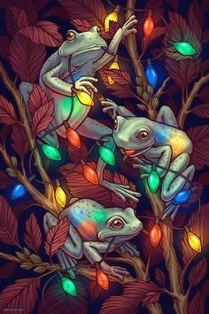 Лягушки с лампочками - лампочка, животные, лягушка, разноцветные, ветки - оригинал