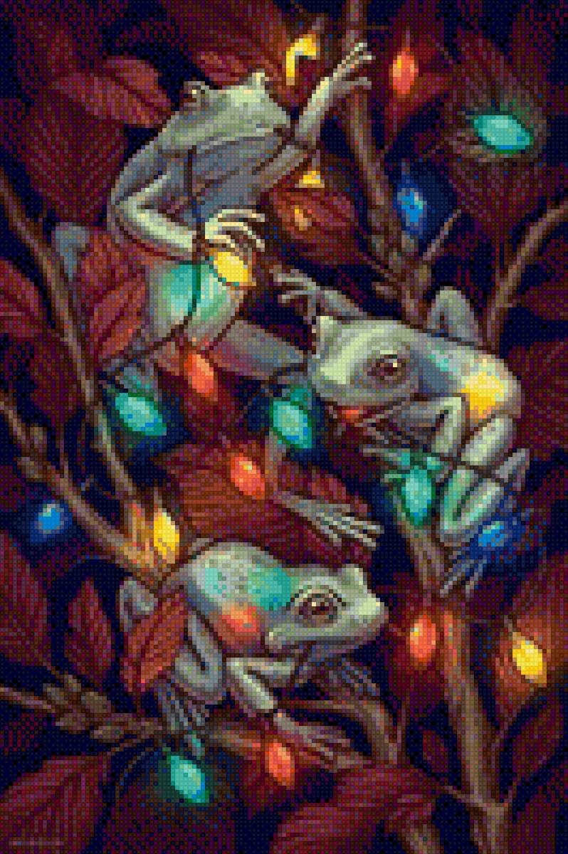 Лягушки с лампочками - лампочка, лягушка, разноцветные, ветки, животные - предпросмотр