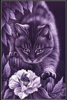 Кот и цветок - домашние любимцы, цветок, кот, картина - оригинал