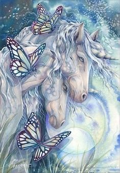 Пара лошадей и бабочки - лошадь, животное, белая, картина, бабочки, пара - оригинал