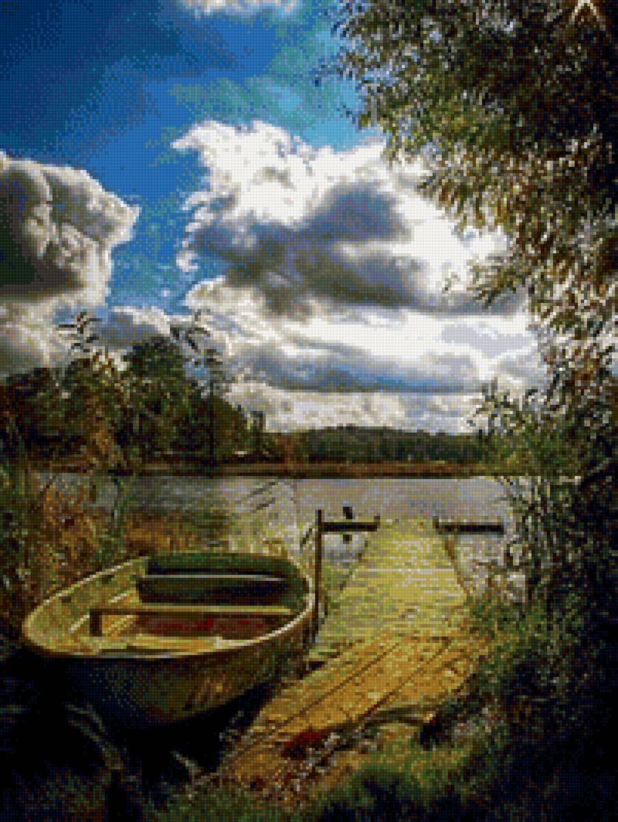 природа - лодка, река, небо, вода, лес - предпросмотр