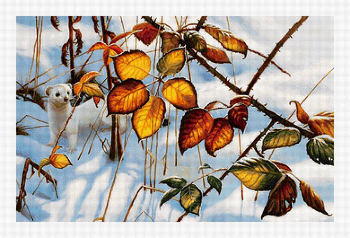 Маленький хищник) - хищник, снег, куница, листья, животные, зима, живопись - предпросмотр