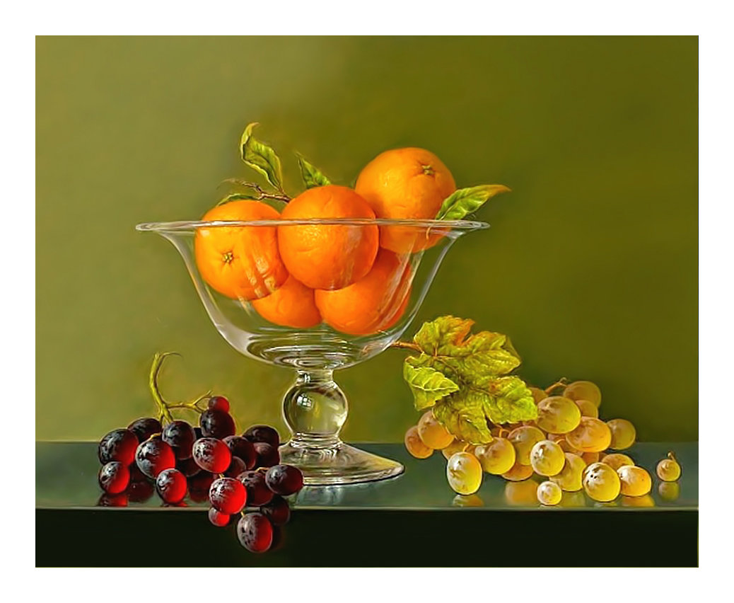 Натюрморт. - фрукты, апельсины, живопись, виноград, натюрморт, ягоды - оригинал