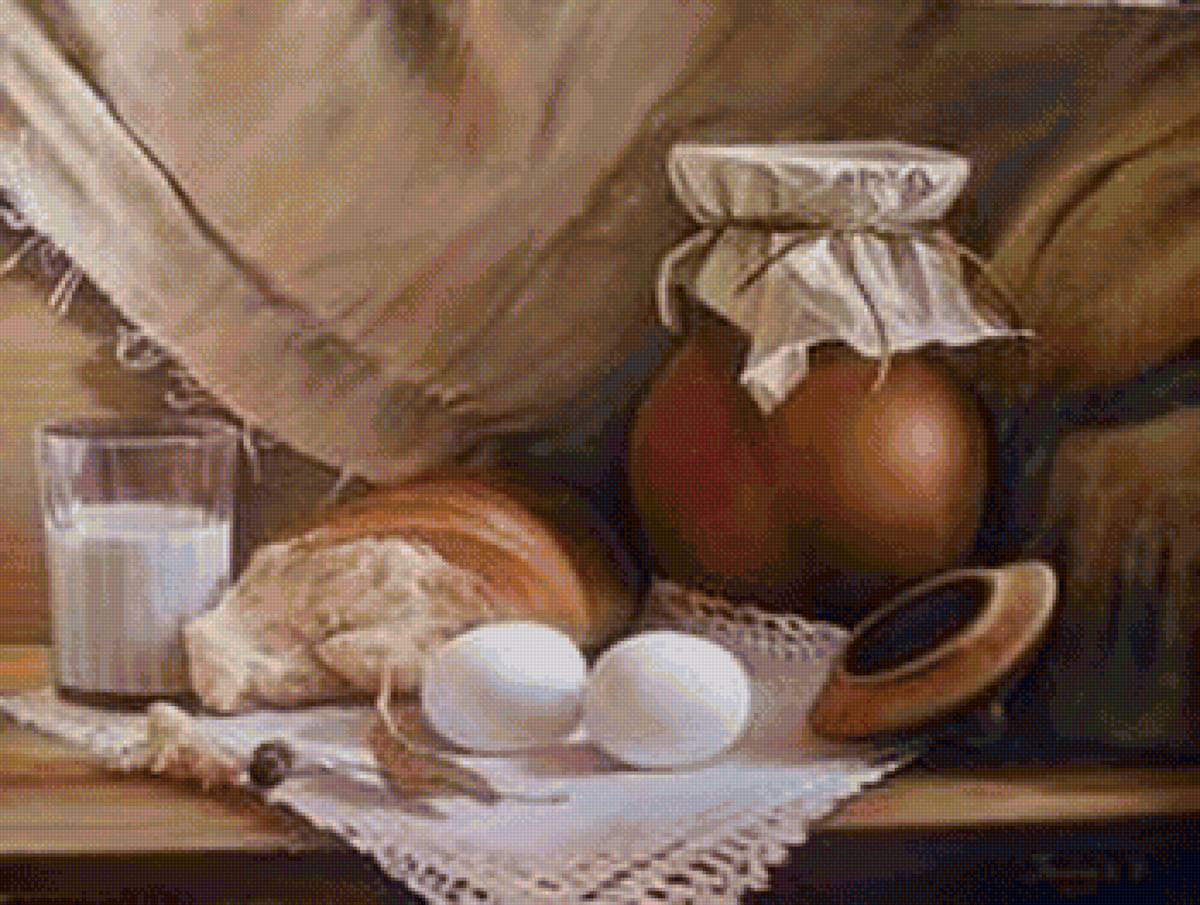 натюрморт - хлеб, кувшын, яйца, молоко, стакан - предпросмотр