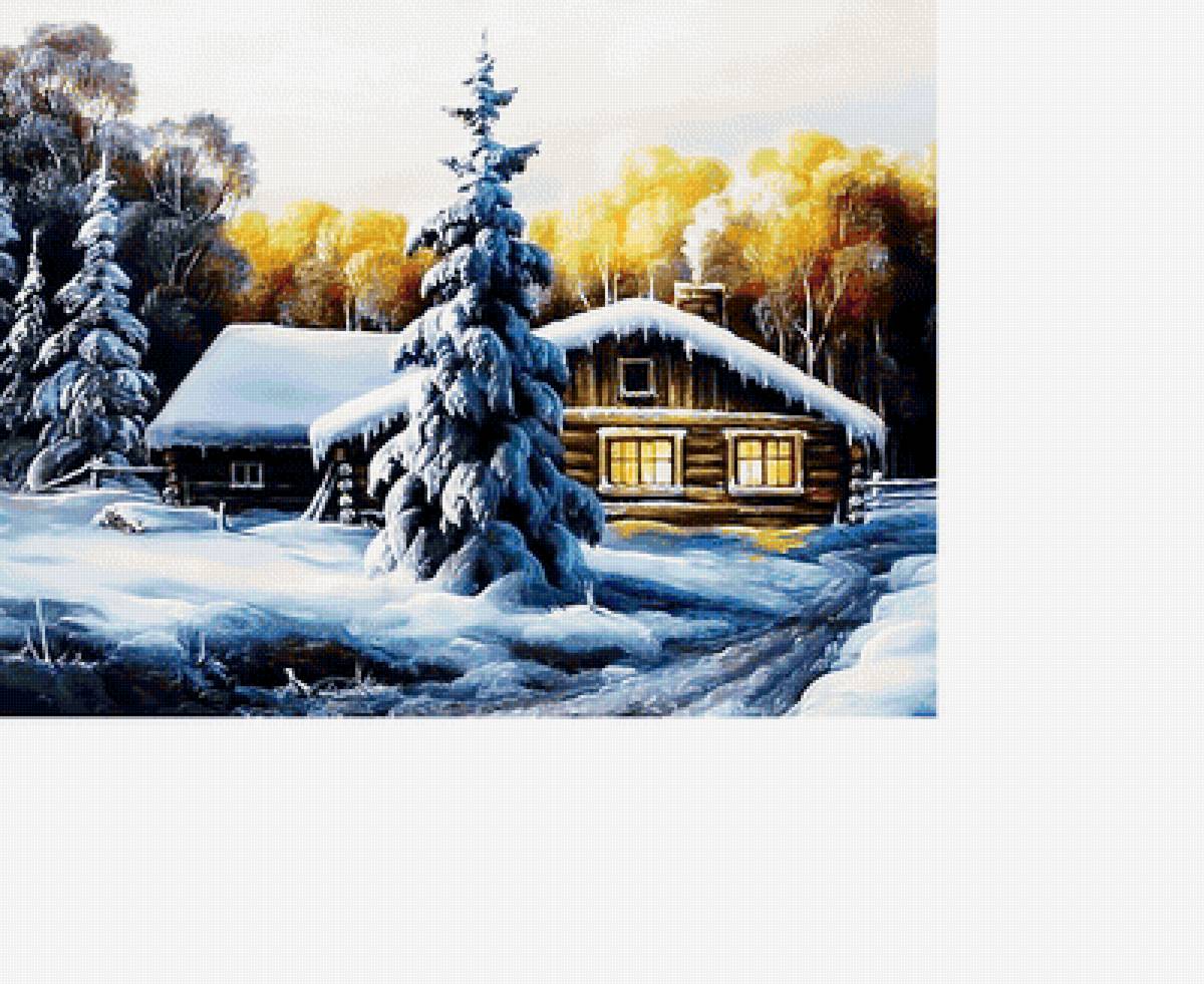 зимний вечер - лес, избушка, зима, снег. - предпросмотр