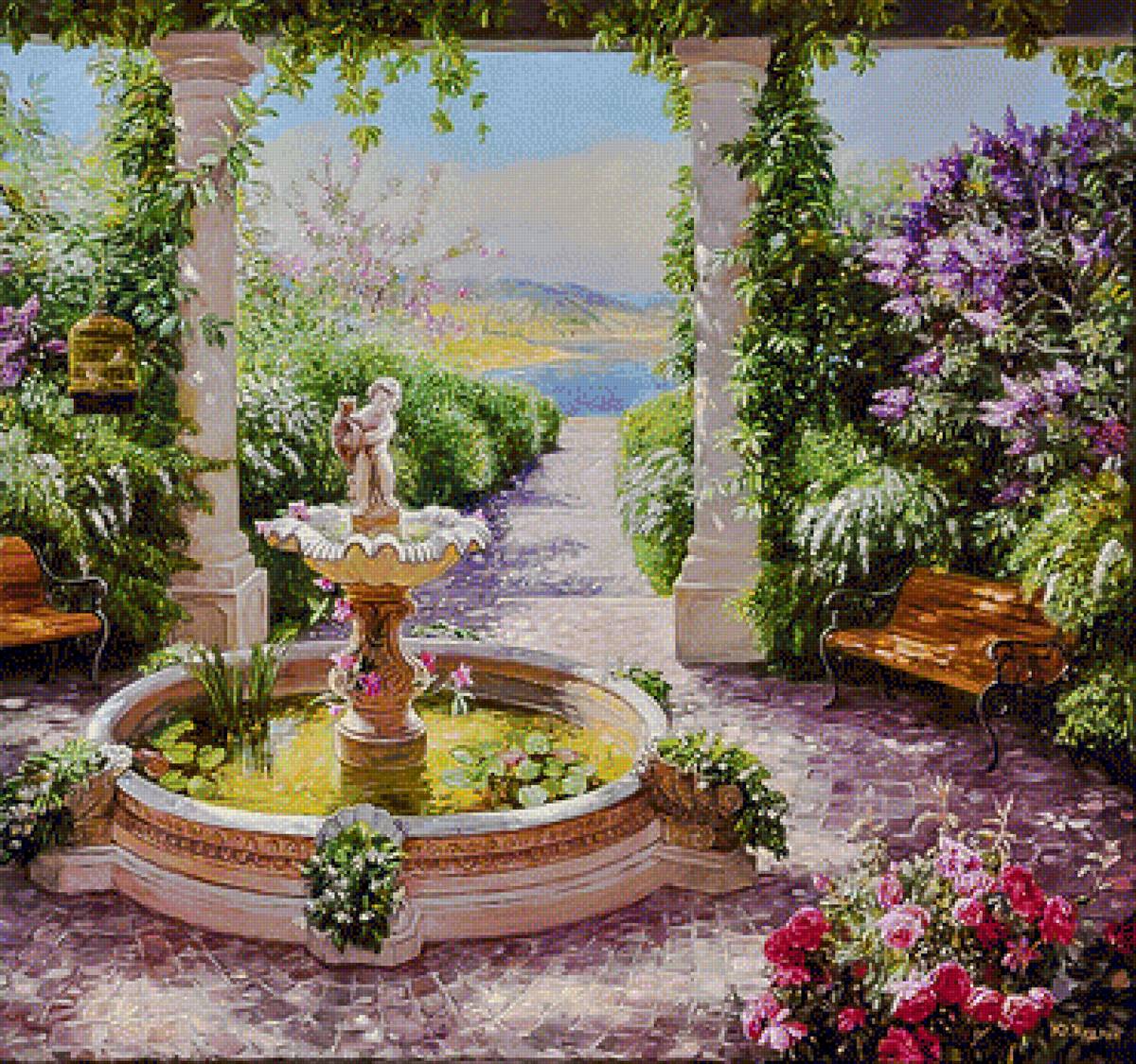 Landscape with the Fountain. - yuri kudrin paintings.seascapes.flowers and gardens. - предпросмотр
