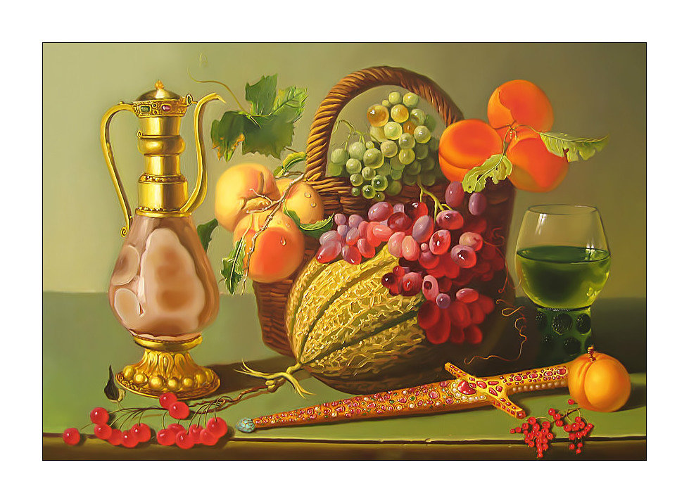 Натюрморт. - живопись, кинжал, натюрморт, фрукты, ягоды, кувшин - оригинал