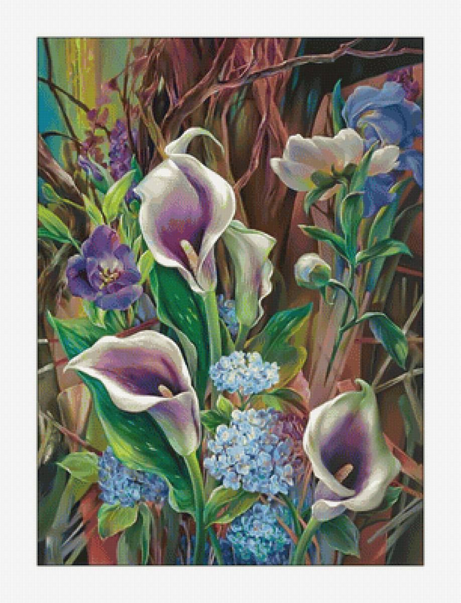 Каллы и незабудки. - живопись, незабудки, каллы, цветы - предпросмотр