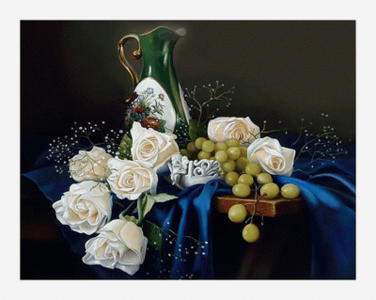 Натюрморт с белыми розами. - виноград, живопись, розы, натюрморт - предпросмотр