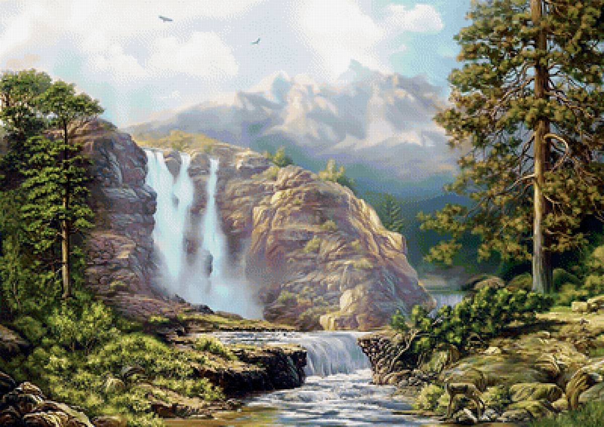 Горный водопад. - природа, лес, живопись, горы, водопад, пейзаж - предпросмотр