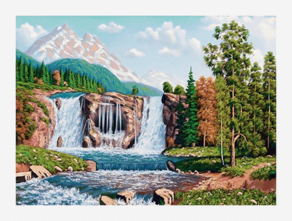 Горный водопад. - пейзаж, природа, горы, живопись, водопад - предпросмотр