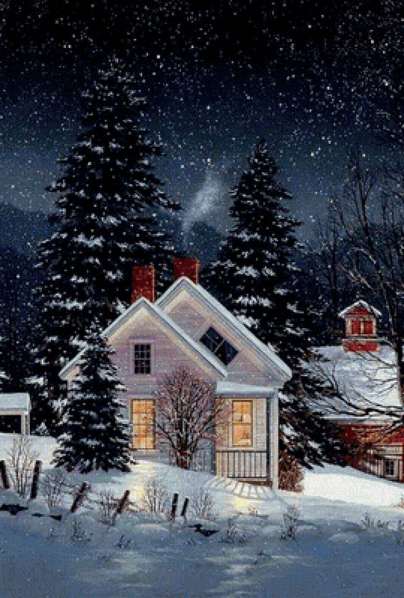 зимняя ночь - природа, снег, дом, зима, елки - предпросмотр