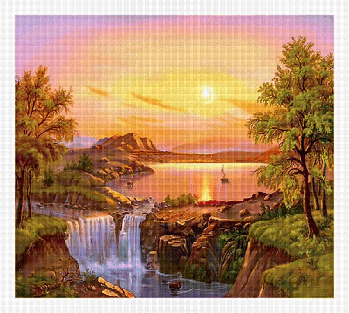 Пейзаж. - водопад, закат, пейзаж, живопись, природа - предпросмотр