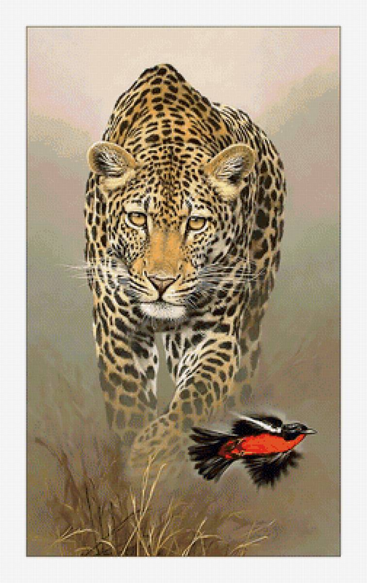 Леопард. - живопись, леопард, хищник, птичка - предпросмотр