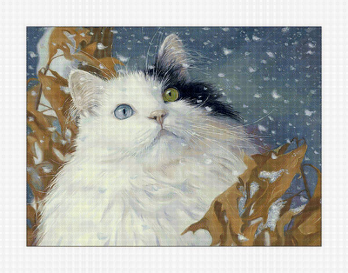 Котик. - снег, животные, кошка, кот, живопись - предпросмотр