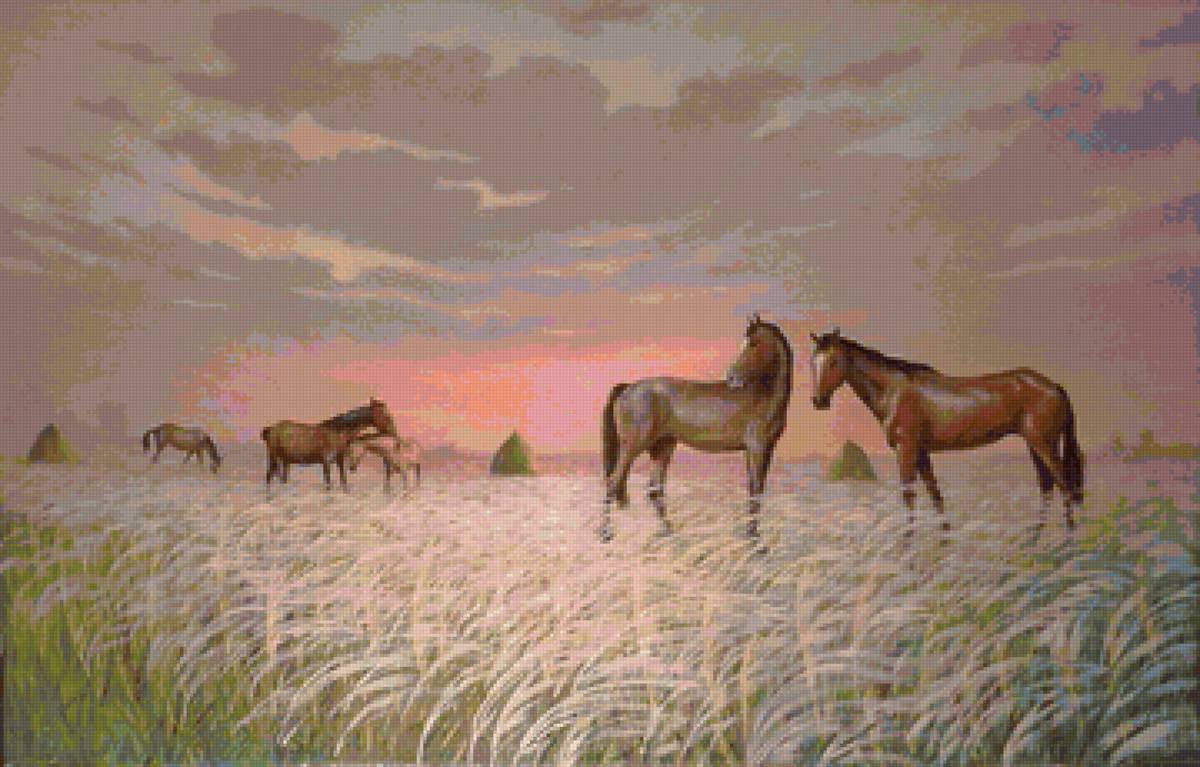 Степь ковыльная - лошади, кони, ковыль, степь - предпросмотр