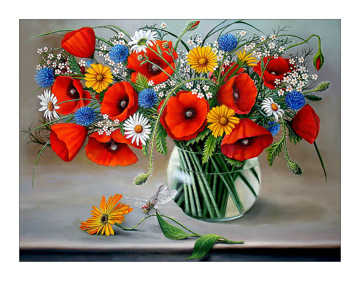 Полевые цветы. - маки, васильки, ромашки, полевые цветы, живопис, стрекоза, букет - оригинал