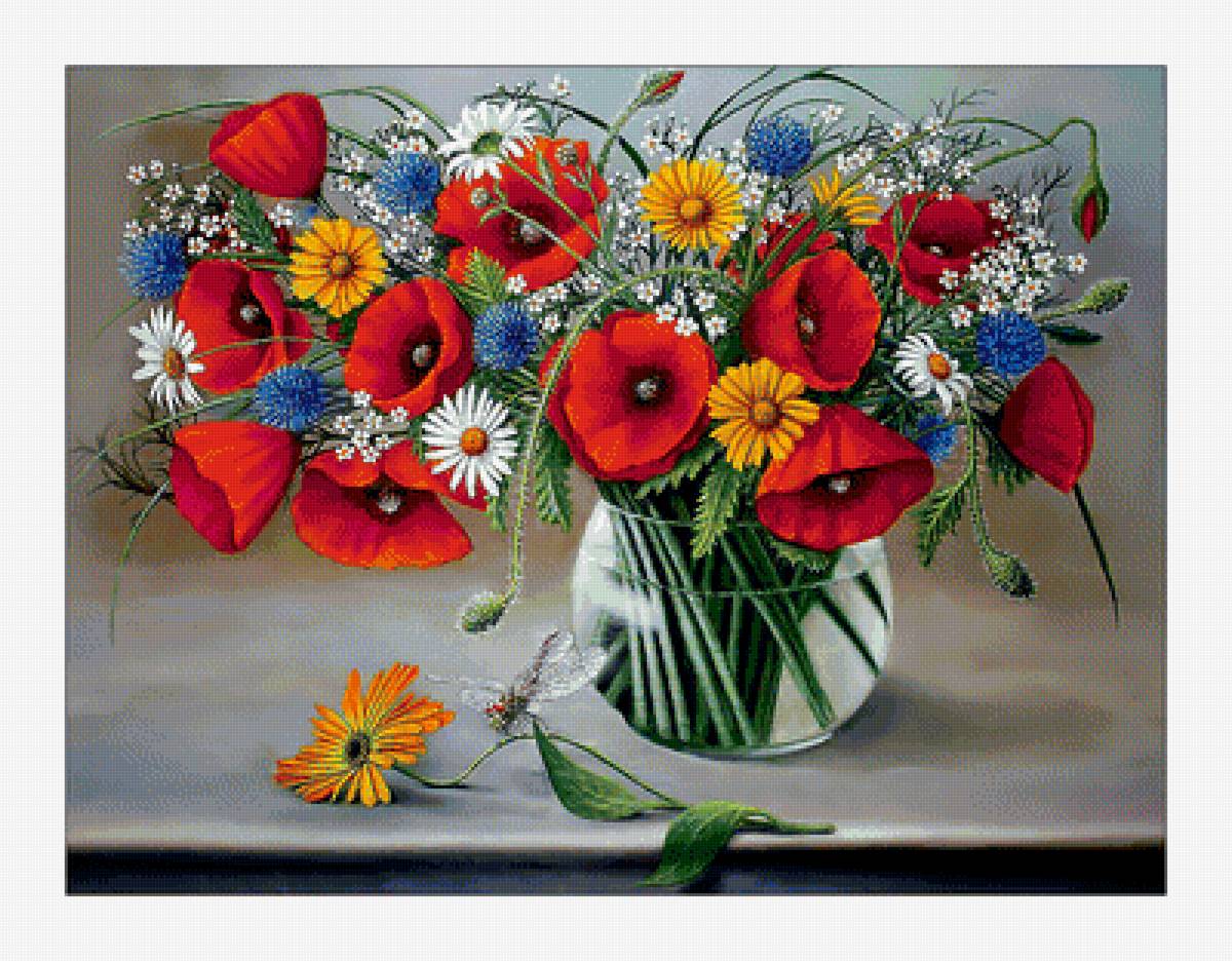 Полевые цветы. - маки, полевые цветы, живопис, васильки, ромашки, букет, стрекоза - предпросмотр