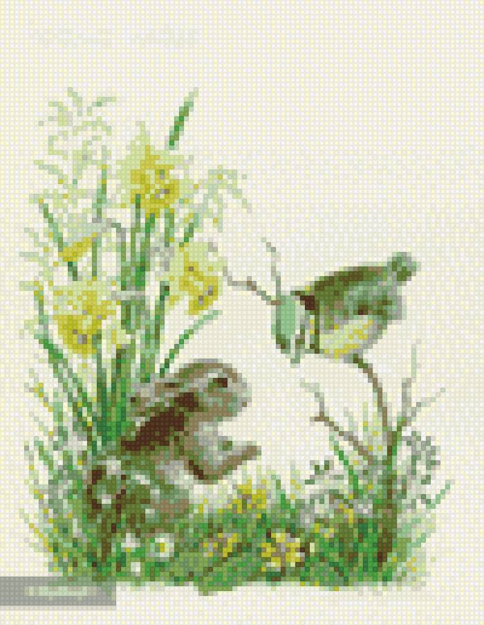 Полянка - цветы, птичка, заяц - предпросмотр