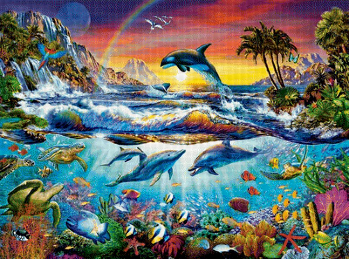 морские тайны - дельфины, риптилии, касатка, море, пальмы, горы - предпросмотр