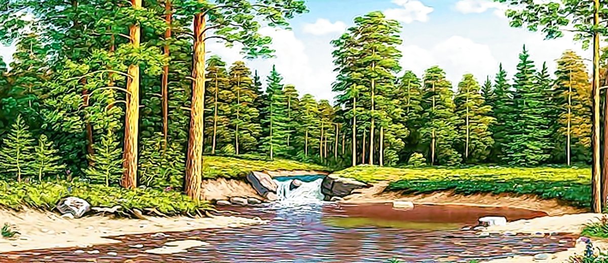 пейзаж - сосны, пейзаж, лес, природа, река - оригинал