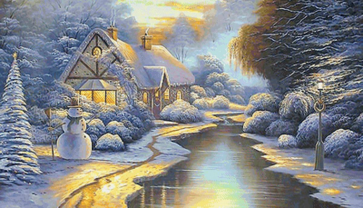 зимний вечер - река, деревья, домик, зима, вечер, фонарь, снеговик - предпросмотр