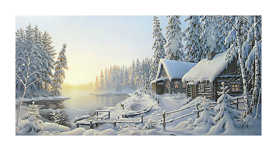 Зимний пейзаж. - живопись, домик, пейзаж, снег, природа, зима - оригинал