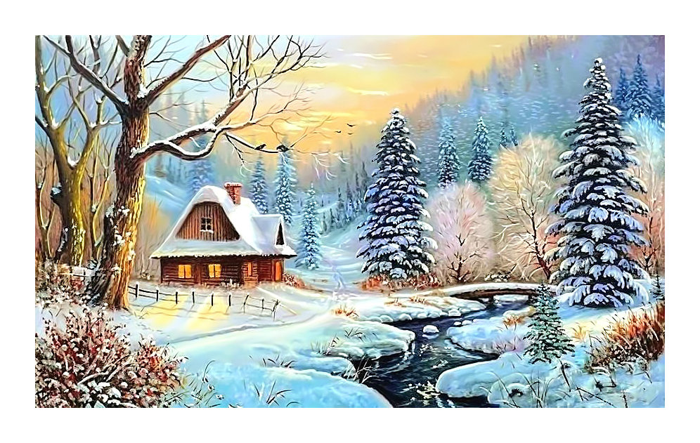 Зимний пейзаж. - домик, живопись, природа, зима, лес, река, пейзаж, снег - оригинал