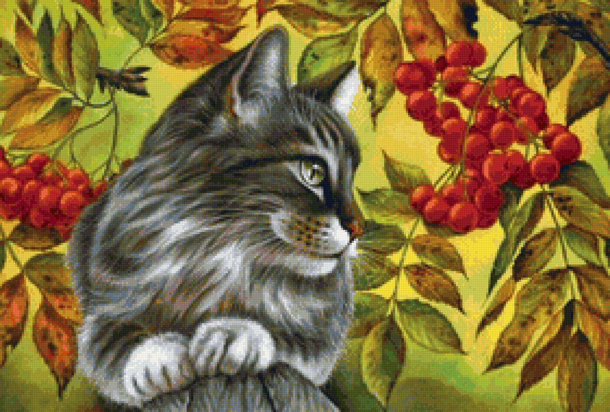Котик под рябиной - кошка, рябина, кот - предпросмотр